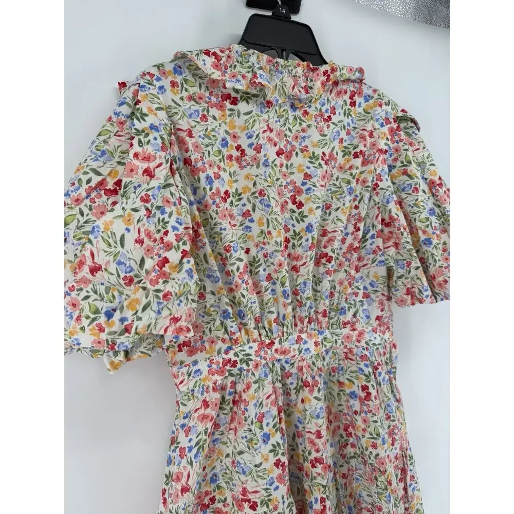 RESET Floral Print Mini Wrap Dress Womens Large White Puff Sleeve Lined - Picture 10 of 13